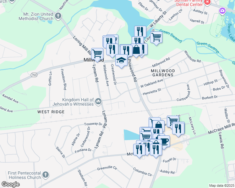 map of restaurants, bars, coffee shops, grocery stores, and more near 260 Crestwood Drive in Sumter