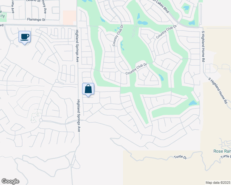 map of restaurants, bars, coffee shops, grocery stores, and more near 5950 Turnberry Drive in Banning