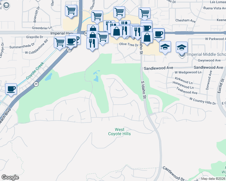 map of restaurants, bars, coffee shops, grocery stores, and more near 1460 West Boros Court in La Habra