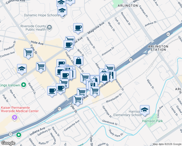 map of restaurants, bars, coffee shops, grocery stores, and more near 10039 Omar Street in Riverside