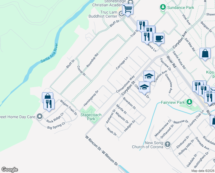 map of restaurants, bars, coffee shops, grocery stores, and more near 2163 Whitman Way in Corona