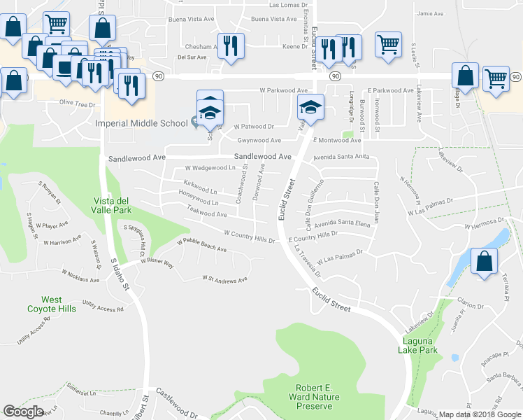 map of restaurants, bars, coffee shops, grocery stores, and more near 340 Latchwood Lane in La Habra