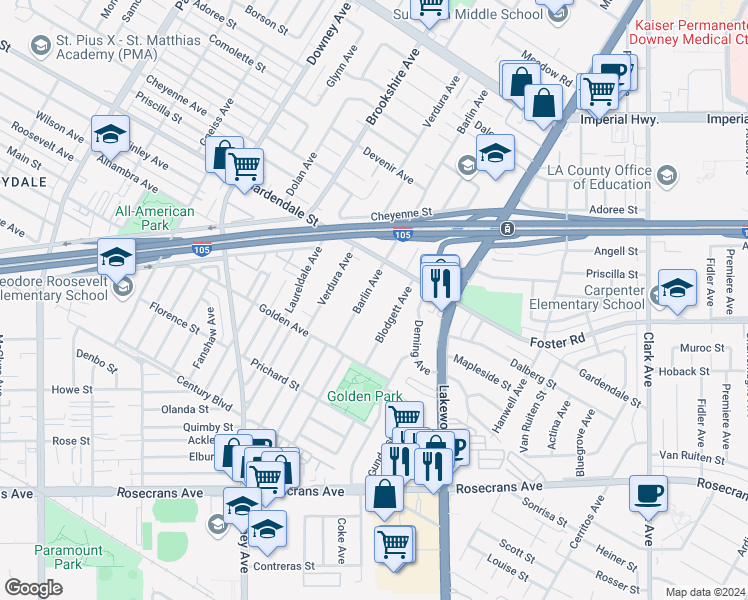 map of restaurants, bars, coffee shops, grocery stores, and more near 13146 Barlin Avenue in Downey