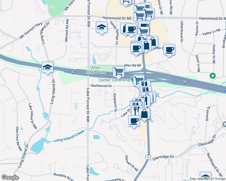 map of restaurants, bars, coffee shops, grocery stores, and more near 5685 Kingsport Drive in Atlanta