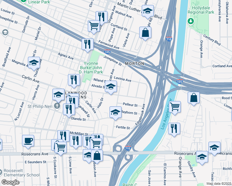 map of restaurants, bars, coffee shops, grocery stores, and more near 5279 Clark Street in Lynwood