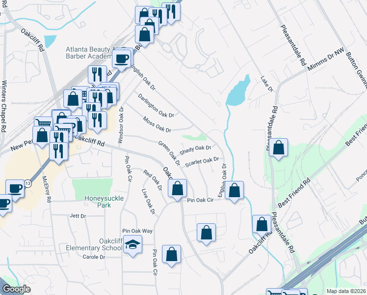 map of restaurants, bars, coffee shops, grocery stores, and more near 4024 Shady Oak Court in Doraville