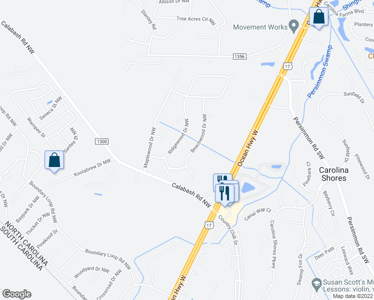 map of restaurants, bars, coffee shops, grocery stores, and more near 223 Beachwood Drive Northwest in Calabash