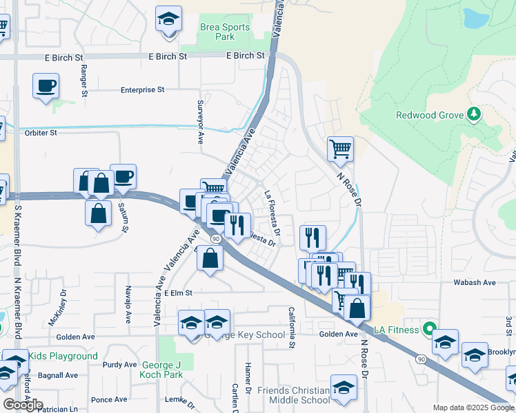 map of restaurants, bars, coffee shops, grocery stores, and more near 3515 Gardenia Lane in Brea