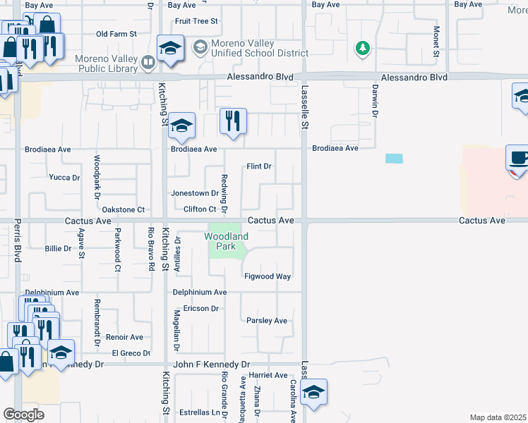 map of restaurants, bars, coffee shops, grocery stores, and more near 14478 Stuard Drive in Moreno Valley