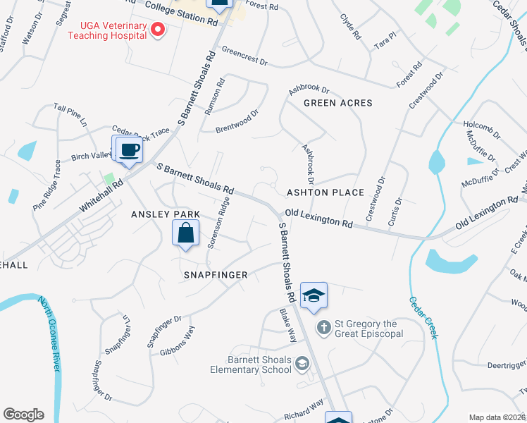 map of restaurants, bars, coffee shops, grocery stores, and more near 156 Rebecca Place in Athens