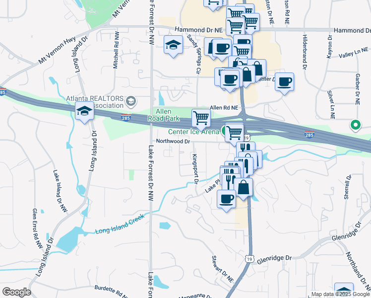 map of restaurants, bars, coffee shops, grocery stores, and more near 5676 Kingsport Drive in Atlanta