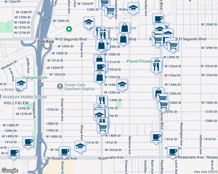 map of restaurants, bars, coffee shops, grocery stores, and more near 4766 West 134th Street in Hawthorne