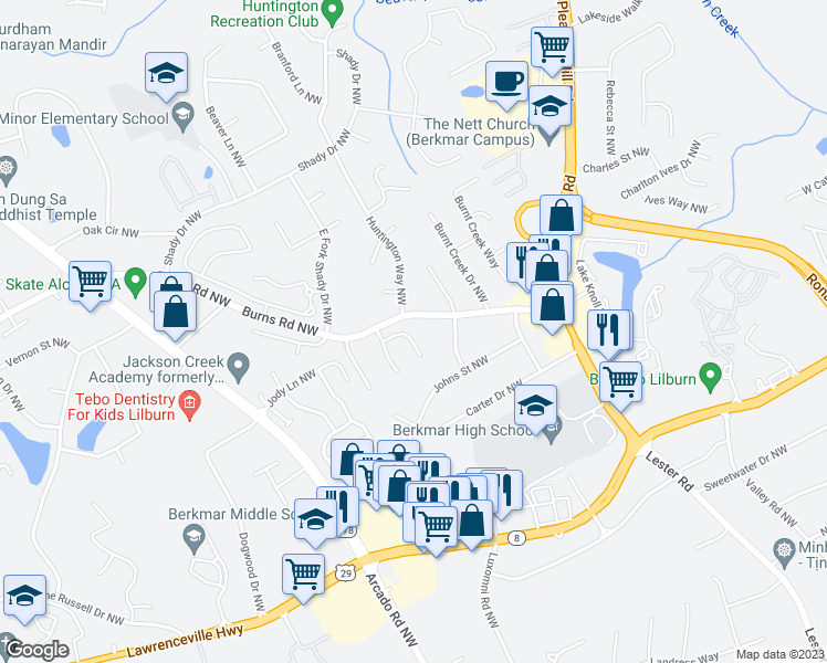 map of restaurants, bars, coffee shops, grocery stores, and more near 3989 Cliffglen Court Northwest in Lilburn