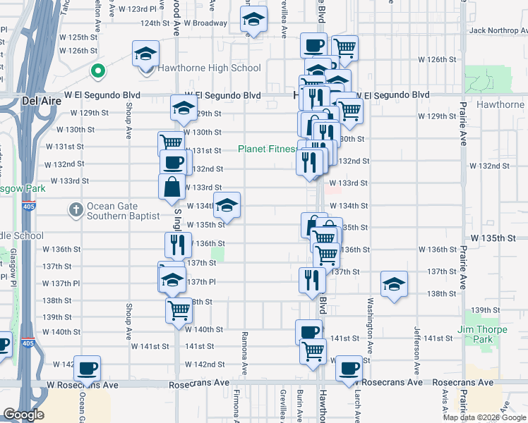 map of restaurants, bars, coffee shops, grocery stores, and more near 4552 W 134th St in Hawthorne