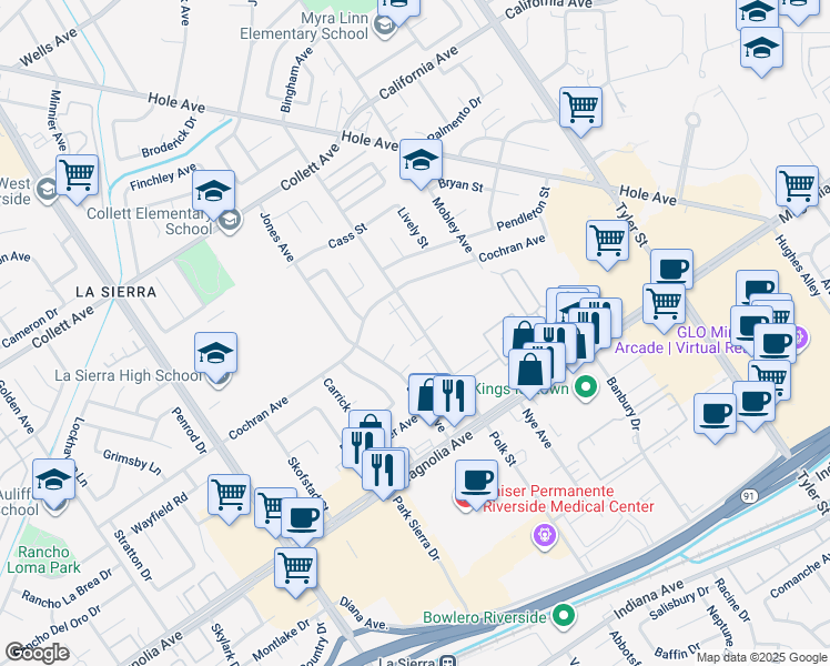 map of restaurants, bars, coffee shops, grocery stores, and more near 3920 Polk Street in Riverside