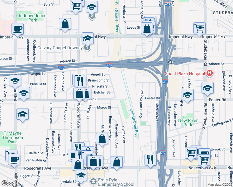 map of restaurants, bars, coffee shops, grocery stores, and more near 13230 Carfax Avenue in Downey
