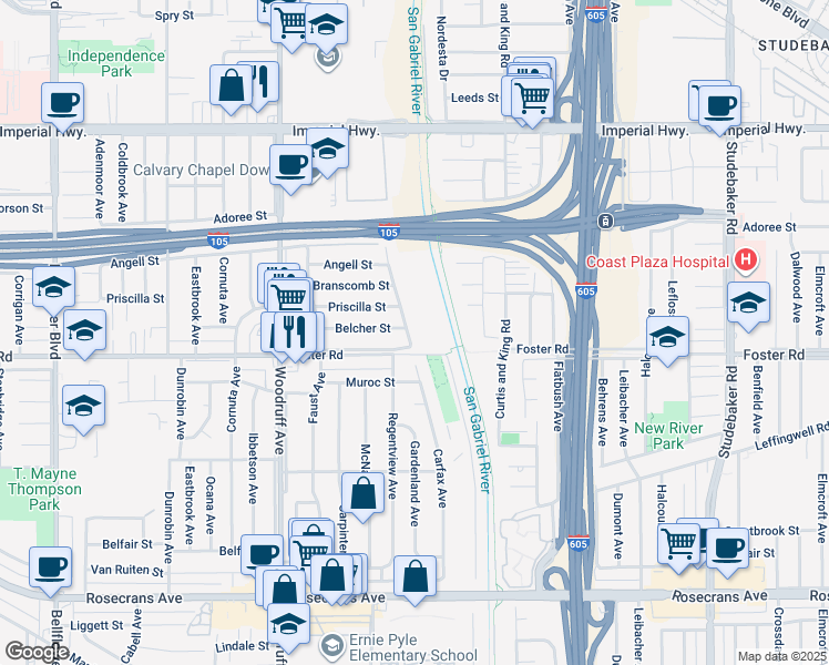map of restaurants, bars, coffee shops, grocery stores, and more near 13230 Carfax Ave in Downey