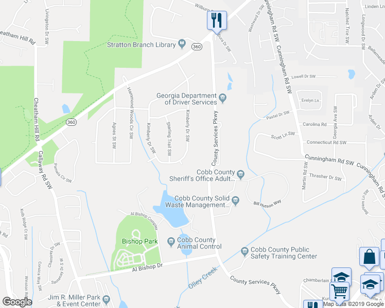 map of restaurants, bars, coffee shops, grocery stores, and more near 1759 Kimberly Drive Southwest in Marietta