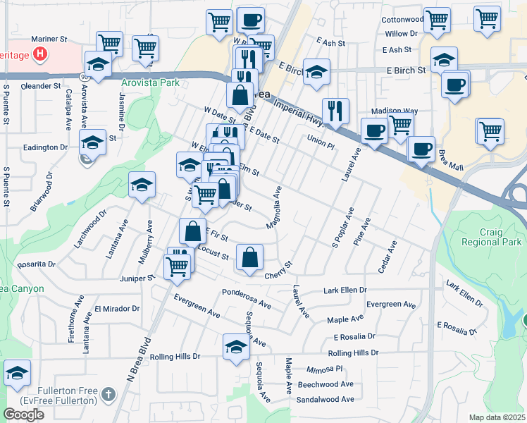 map of restaurants, bars, coffee shops, grocery stores, and more near 327 East Alder Street in Brea