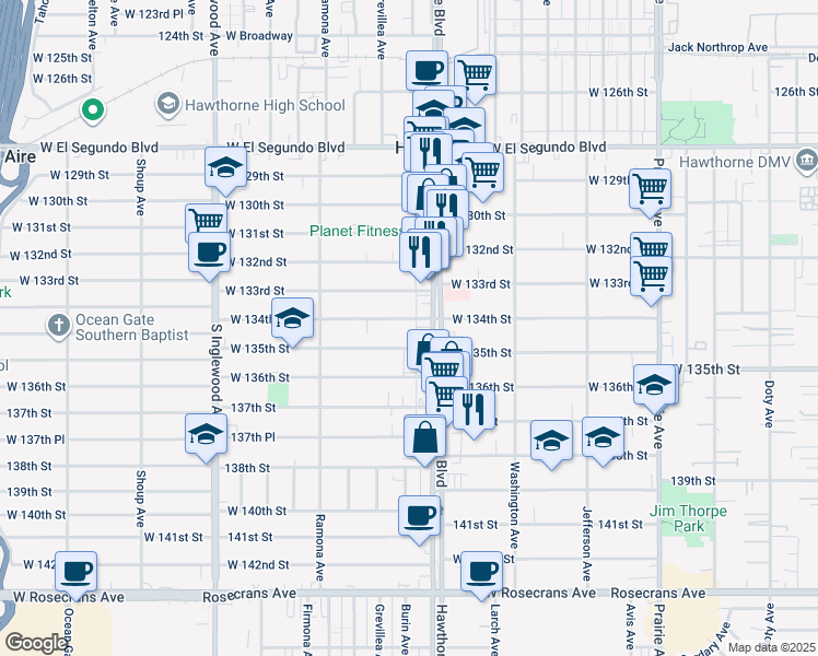 map of restaurants, bars, coffee shops, grocery stores, and more near 4438 West 134th Street in Hawthorne