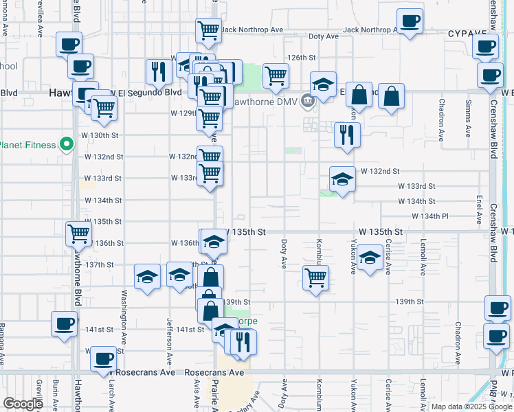 map of restaurants, bars, coffee shops, grocery stores, and more near 13400 Cordary Avenue in Hawthorne