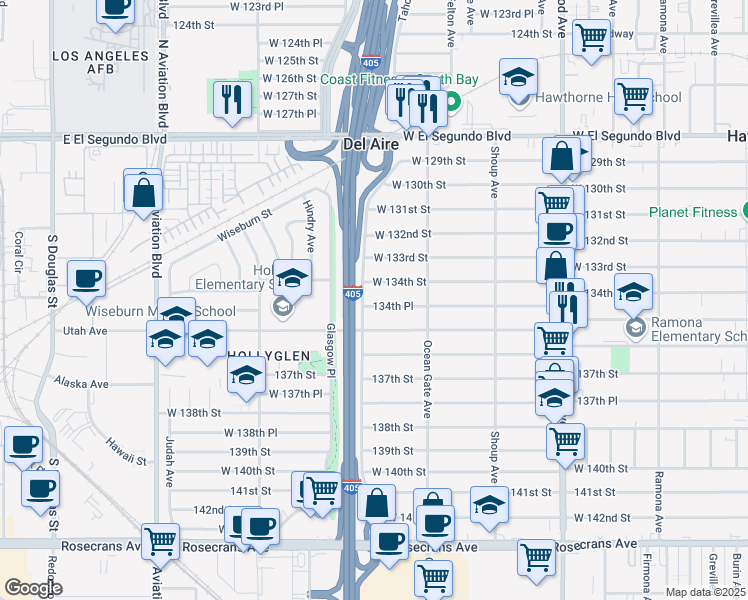 map of restaurants, bars, coffee shops, grocery stores, and more near 5169 134th Place in Hawthorne