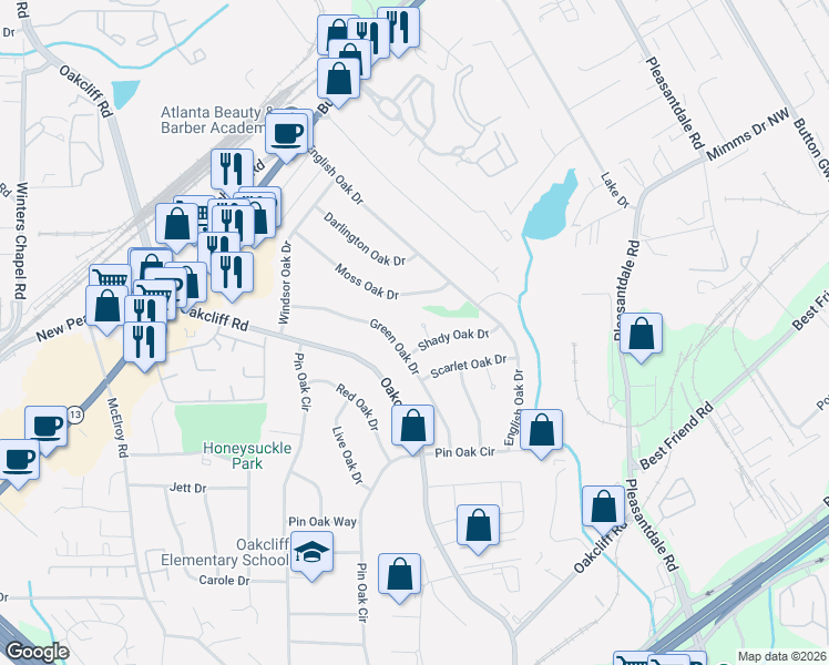 map of restaurants, bars, coffee shops, grocery stores, and more near 4024 Shady Oak Court in Doraville