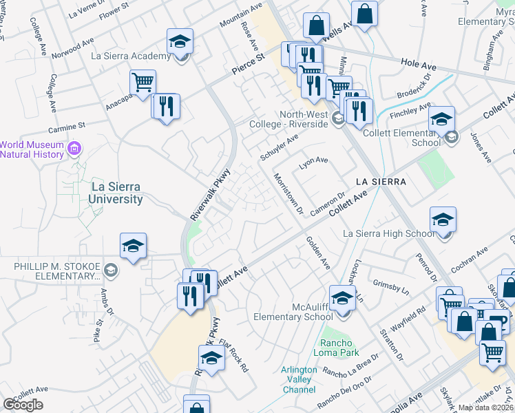 map of restaurants, bars, coffee shops, grocery stores, and more near 4437 Watermoor Drive in Riverside
