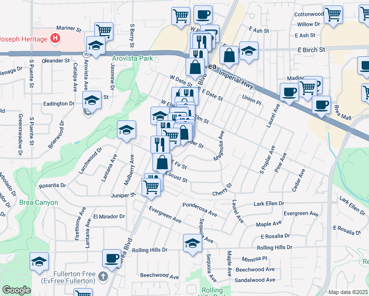 map of restaurants, bars, coffee shops, grocery stores, and more near 638 South Brea Boulevard in Brea