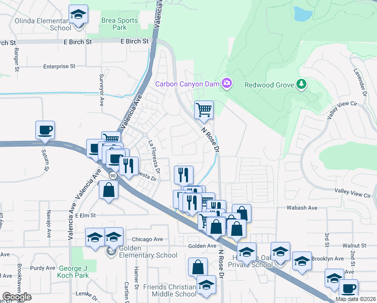 map of restaurants, bars, coffee shops, grocery stores, and more near 3702 Mercado Drive in Brea