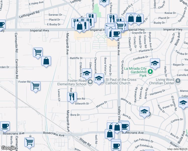 map of restaurants, bars, coffee shops, grocery stores, and more near 13209 Clearwood Avenue in La Mirada