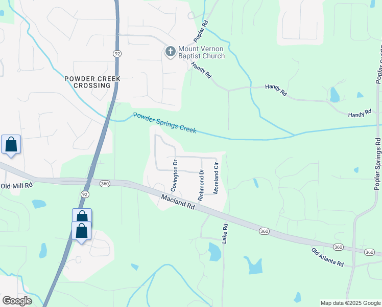map of restaurants, bars, coffee shops, grocery stores, and more near 390 Moreland Circle in Hiram