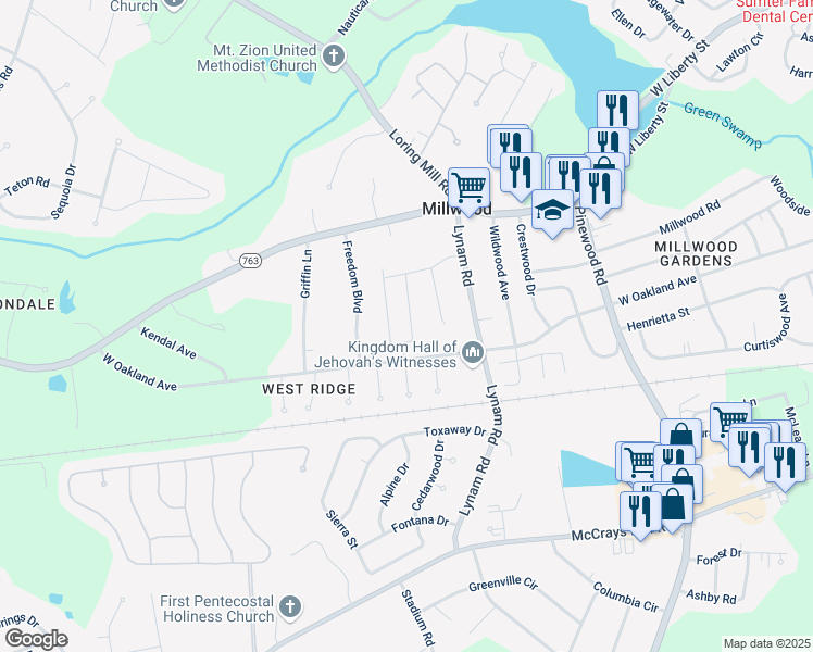 map of restaurants, bars, coffee shops, grocery stores, and more near 305 Freedom Boulevard in Sumter