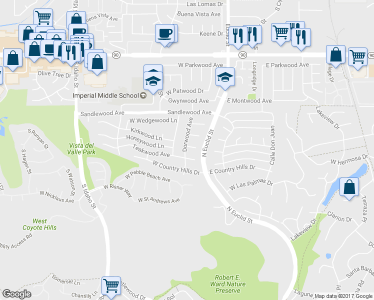 map of restaurants, bars, coffee shops, grocery stores, and more near 350 Latchwood Lane in La Habra