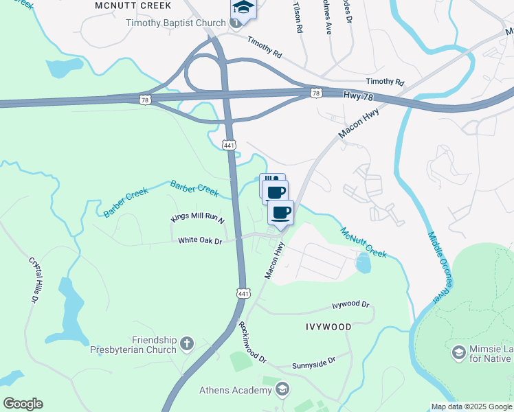 map of restaurants, bars, coffee shops, grocery stores, and more near 1022 Cherry Hills Court in Athens