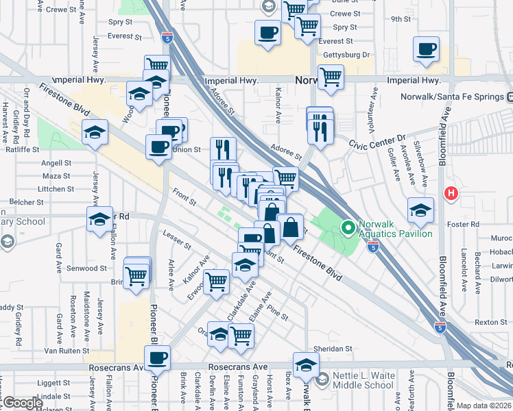 map of restaurants, bars, coffee shops, grocery stores, and more near Sproul Street in Norwalk
