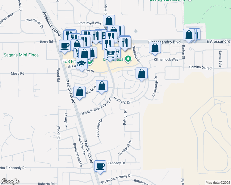 map of restaurants, bars, coffee shops, grocery stores, and more near 11270 Mathilda Lane in Riverside