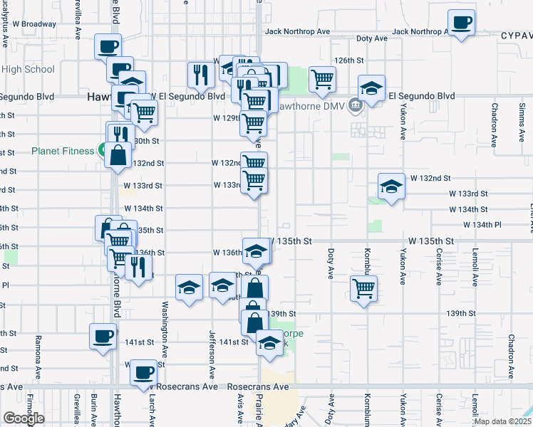 map of restaurants, bars, coffee shops, grocery stores, and more near 13413 Prairie Avenue in Hawthorne