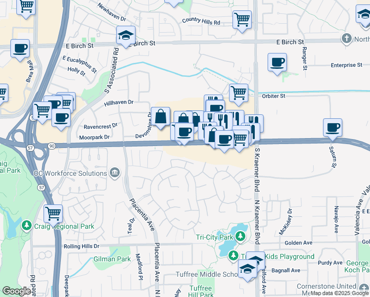 map of restaurants, bars, coffee shops, grocery stores, and more near 2500 East Imperial Highway in Brea