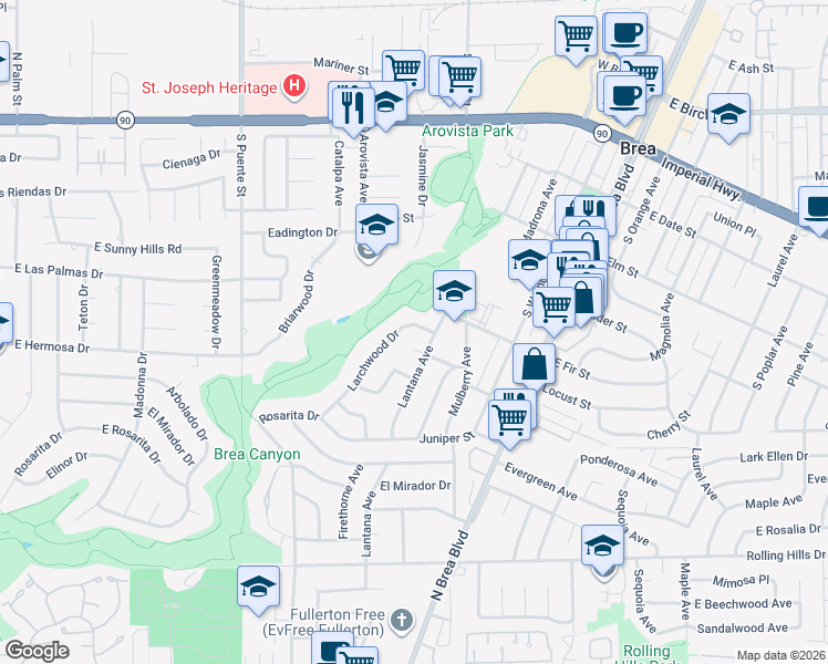 map of restaurants, bars, coffee shops, grocery stores, and more near 716 Larchwood Drive in Brea
