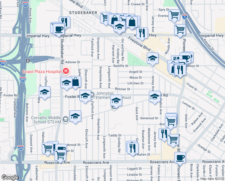 map of restaurants, bars, coffee shops, grocery stores, and more near 11308 Belcher Street in Norwalk