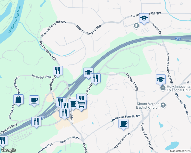 map of restaurants, bars, coffee shops, grocery stores, and more near 6120 Powers Ferry Road Northwest in Atlanta