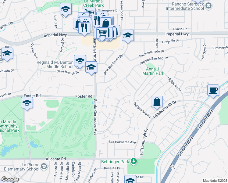 map of restaurants, bars, coffee shops, grocery stores, and more near 13116 La Jolla Circle in La Mirada