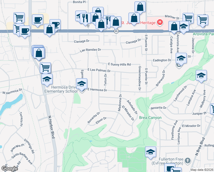 map of restaurants, bars, coffee shops, grocery stores, and more near 600 Pueblo Place in Fullerton