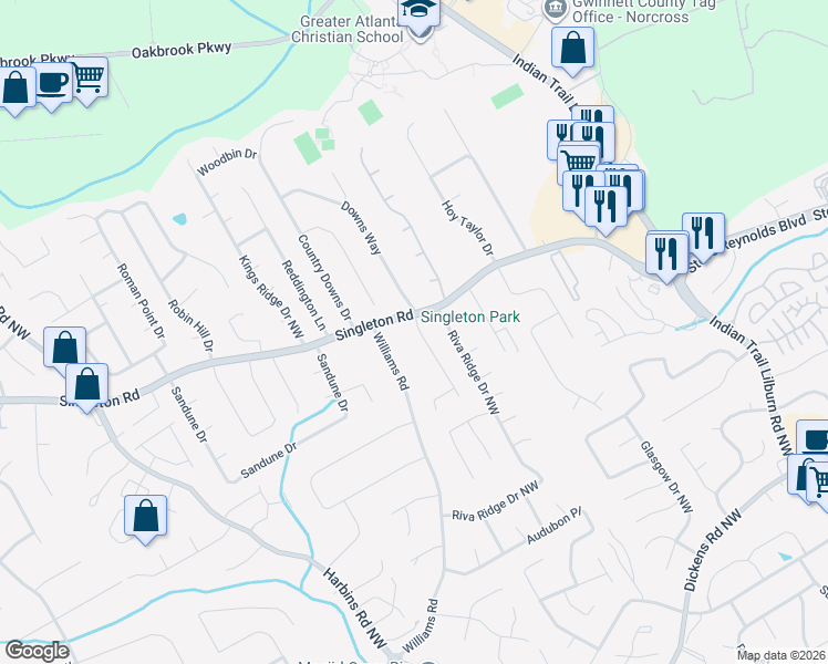 map of restaurants, bars, coffee shops, grocery stores, and more near 1268 Seattle Slew Lane Northwest in Norcross
