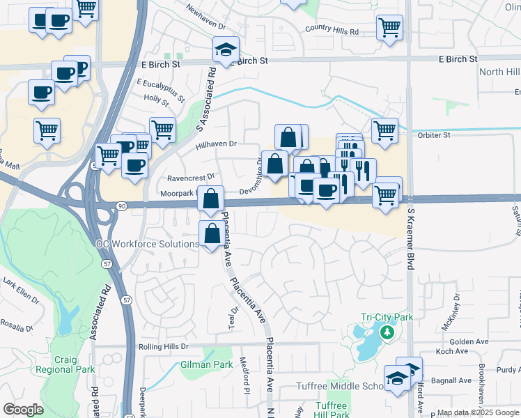 map of restaurants, bars, coffee shops, grocery stores, and more near 2149 Studio Drive in Brea