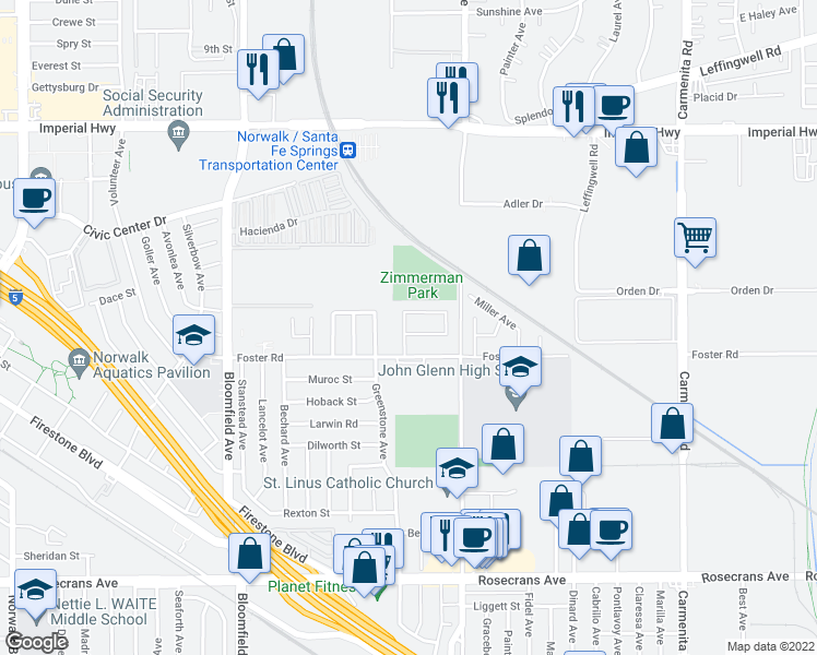 map of restaurants, bars, coffee shops, grocery stores, and more near 12903 Belcher Street in Norwalk