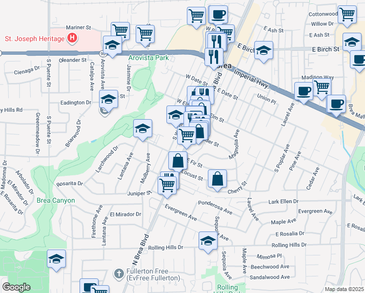 map of restaurants, bars, coffee shops, grocery stores, and more near 660 South Walnut Avenue in Brea