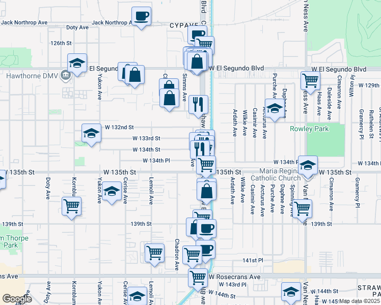 map of restaurants, bars, coffee shops, grocery stores, and more near 3120 West 134th Street in Hawthorne