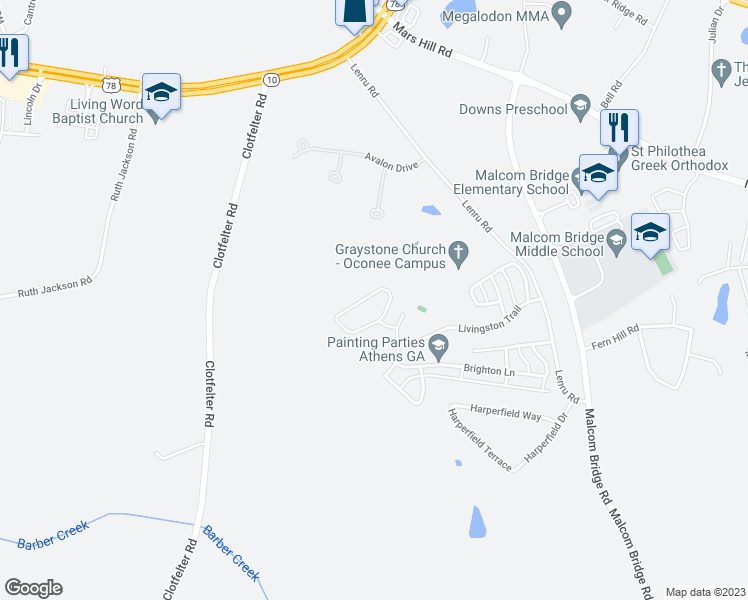 map of restaurants, bars, coffee shops, grocery stores, and more near 1440 Binghampton Circle in Bogart